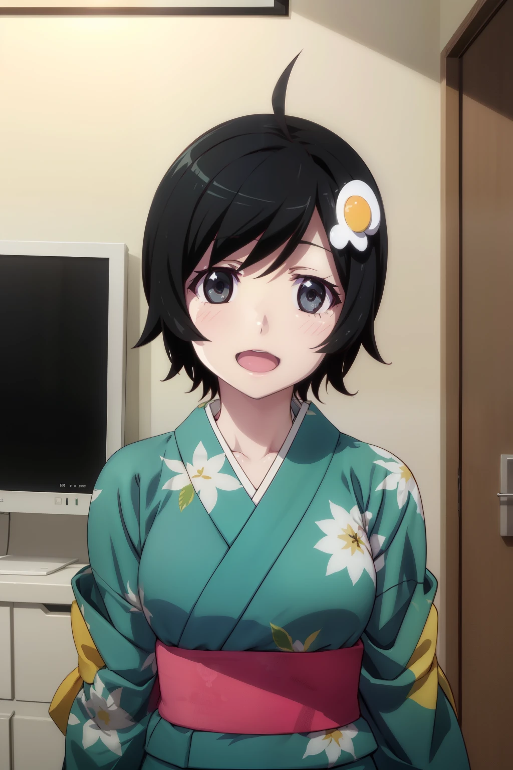 araragitsukihi, short hair, green kimono, hair ornament, ahoge, japanese clothes, egg hair ornament,smile, open mouth,masterpiece、Best Quality、High resolution、Detailed face、(anime、anime塗り、animeカラーリング、RAW Photos)、Bakemonogatari、official、 One girl、solo、Staring at the audience、Random Pause、Upper body only