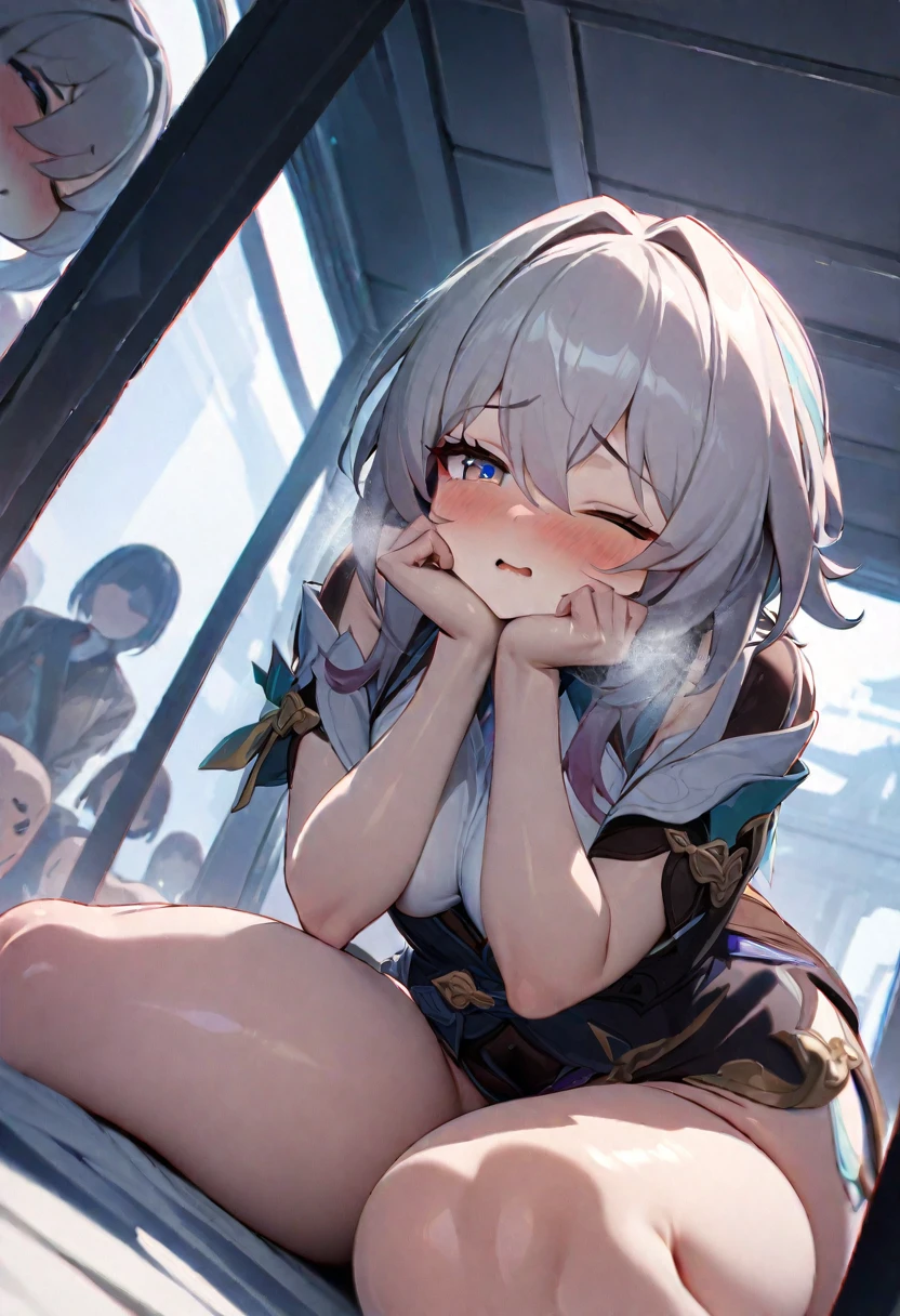 Absurd resolution, high resolution, (masterpiece:1.4), ultra-detailed, 1girl, wide-angle lens distortion, shy, sexy pose, sexual invite expression, in the transparent roof above people, thighs, hand between legs, leg together, cute, one eye closed, heavy breathing, from honkai star rail, squishy thighs, from side, masturbating, leaning forward