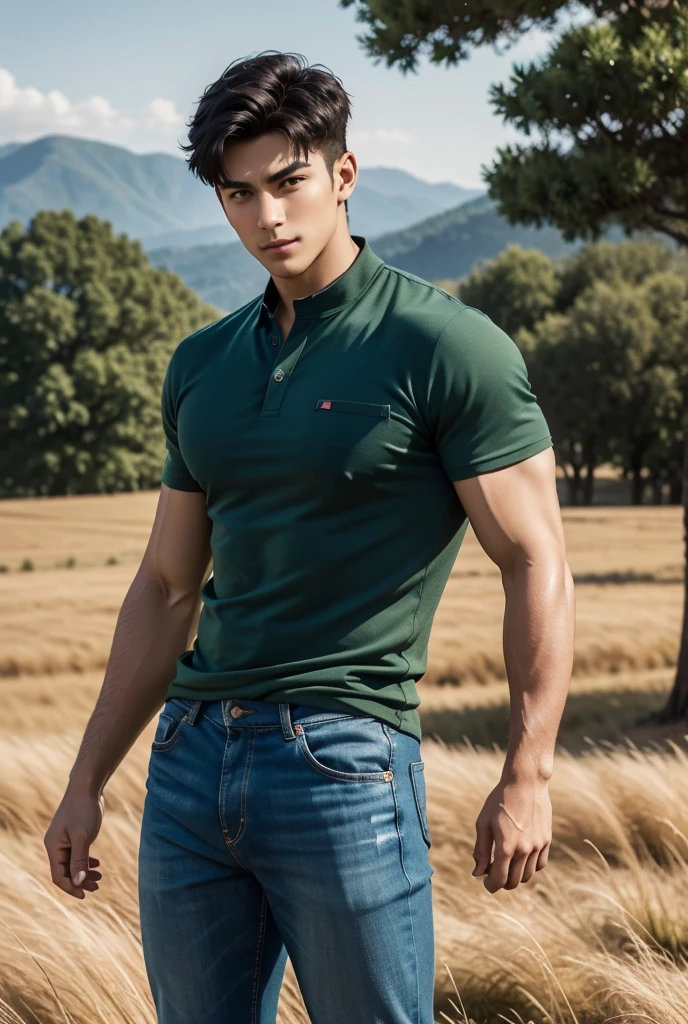 UHD, A strikingly handsome man with a lean, muscular physique stands confidently in an open, sunlit field. His perfectly sculpted chest and defined abs are exposed as he wears a casual, military-green jacket unbuttoned, showcasing the contours of his upper body. His skin glows with a healthy tan, and his tousled, dark short hair falls effortlessly over his forehead, adding to his relaxed yet magnetic aura. He has a calm yet intense expression, with piercing eyes gazing towards viewers, reflecting a sense of sensuality and allure. The man's chiseled features are framed against the backdrop of a wide, golden rural landscape, with rolling hills and fields stretching out under the clear blue sky. The earth tones of the field, the large hay bales in the background, and the scattered trees turning color for autumn, create a warm, rustic atmosphere. He stands with one hand casually tucked into the pocket of his jeans, the fabric of which hugs his form, emphasizing his lean legs and strong stance. His body language radiates sensuality and effortless allure, blending seamlessly with the serene yet vibrant natural setting around him. The air is filled with an aura sensual allure as the scene wraps around his powerful, seductive presence. 