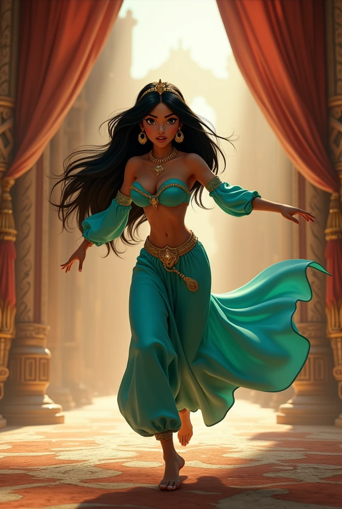 Stunning Princess Jasmine, photo in 8k, in action, cinematic.