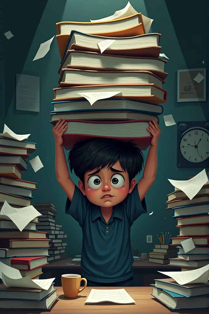 Crying boy throwing his books off the table