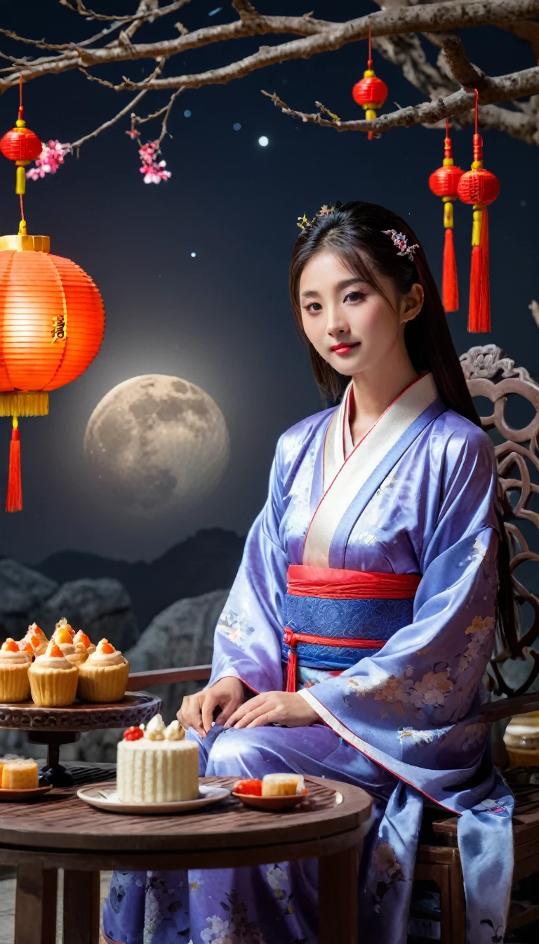 Background is night，There is a full moon in the sky，Very big moon，Under the moon there is a  sister with rabbit ears，wearing chinese clothing，sitting on stone chair，正在吃moon cake，In the middle is a large and textured marble table，top with dessert，moon cake、cake、drinks，Barbecue，snack，warm style，HD，Painting style is meticulous and realistic，meticulous painting，Master，studio lighting，Bright light，matte color，Surreal