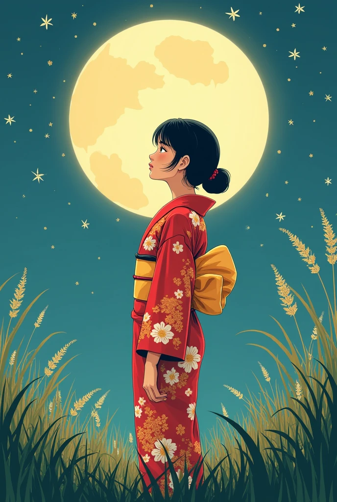 Beautiful girl with glasses、Celebrating the harvest moon alone in a yukata、Tanabata Grass、interesting、Flat Color、Bold Pose、Takeshita Yumeji style
