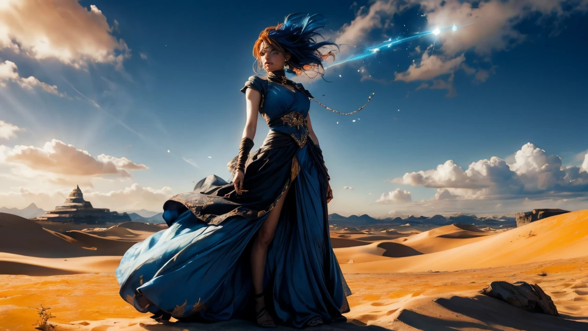 In a vast desert, a beautiful princess stands alone. Her long gown is caught by the wind, as sand swirls around her. She is lost in thought, torn by her unrequited love for a prince from a distant kingdom. The sky is overcast, highlighting the sorrowful expression on her face. The wind seems to speak to her, echoing the conflict in her heart 、Orange Hair, Blue Hair, :is, Orange Dress,