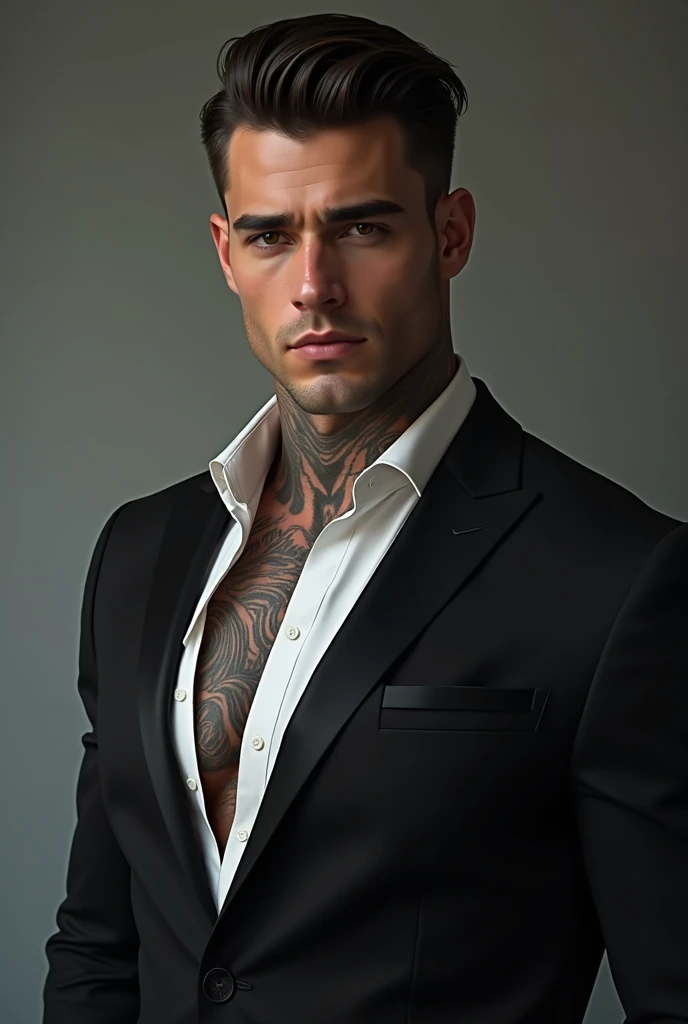 Hyperrealistic, highest quality, professional photography, handsome man, short black hair, tattoo, sassy look, laid in bed, hard, pleasured look, visible