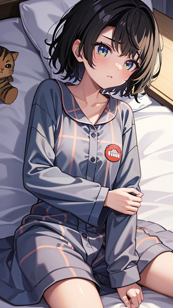 One girl, High resolution, Shortcuts, Black Hair, Sleepy face, A sweet expression, night中, Dark Room, pajamas、Lie down, Cat pattern, night, night中