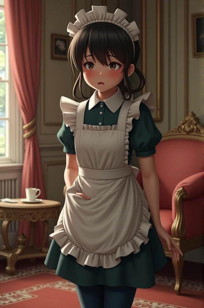 Anime. 1 girl. Slave. Housemaid. Disabled person. Ssbbw. Amputee. Armless. Legless. Black hair. Long hair. Hair gathered in braids. Green eyes. Beautiful eyes. Perfect eyes. Expressive eyes. Beautiful nose. Snotty nose. Snot flows from the nose. Very thick body. The arms were amputated at the elbows. Very thick hands. The legs were amputated at the knees. Very thick legs. Big fat belly. Big fat butt. Big breasts. Beautiful breasts. slave collar. Maid uniform. Diaper. Dirty diaper. Diaper mess. Sitting. Full height. Wheelchair. Living room of a luxury mansion. Cold. Runny nose. Nasal mucus. Snot. Wants to sneeze. I have to sneeze. Sneezes. Sneezes with snot. Snot comes out of your nose when you sneeze. Poops diarrhea in diaper. Full body. Extremely detailed CG Unity 8k wallpaper. Ideal lighting. Ultra high resolution 4K. Super detailed 8K resolution.