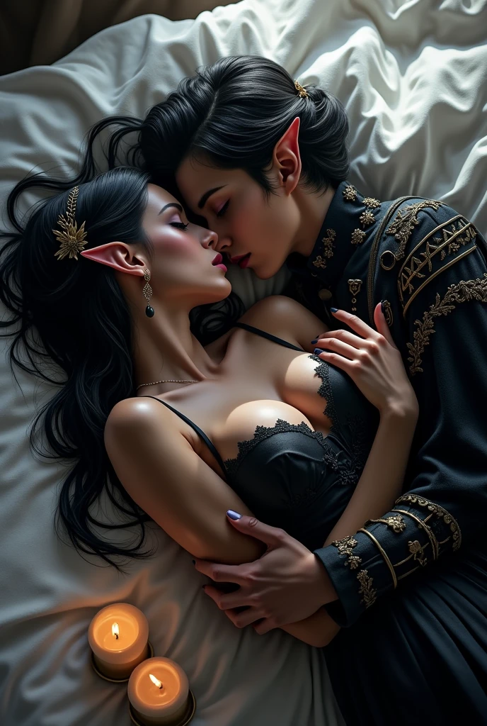 1 shinny black skin girl and 1 shinny white skin girl, (((kissing))), 24yo, bikini armor, pointy ears, large breasts, prominent tits, beautiful face, detailed eyes, earrings, bellybutton piercing, body chains, rings,（masterpiece), (Very detailed CG unity 8K wallpaper), best quality, cinematic lighting, detailed back ground, day time, in bedroom, many candles in background