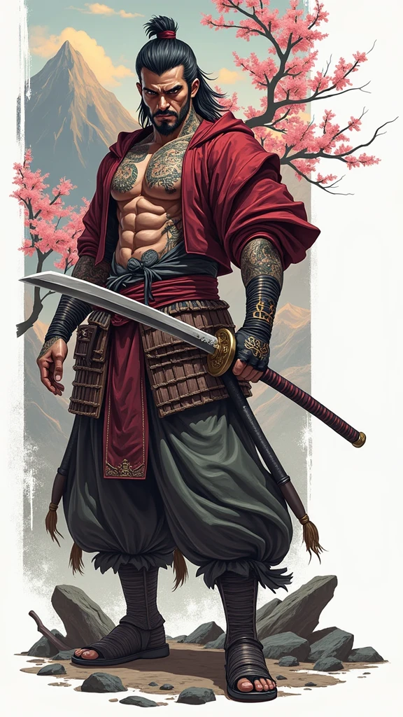 3D hyper-realistic miniature of a male warrior with a skinhead, Japanese tattoo, and wielding a katana. Traditional Japanese clothing, decorated with two dragon heads. Cracked texture background, 'LATEP' name with ornaments at the bottom.