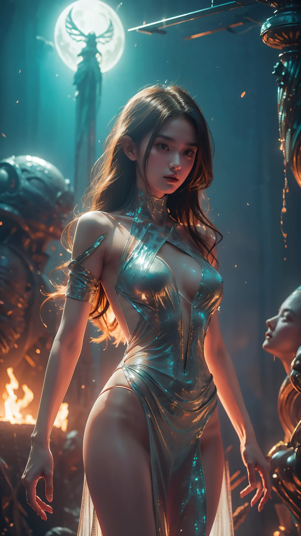 The girl in the transparent dress stands in a scene that seems to defy reality. The intricate and detailed structure around her is reminiscent of the H.p.Gigep video game, while the otherworldly atmosphere and Gigep style pattern add a touch of haunting beauty to the overall image.