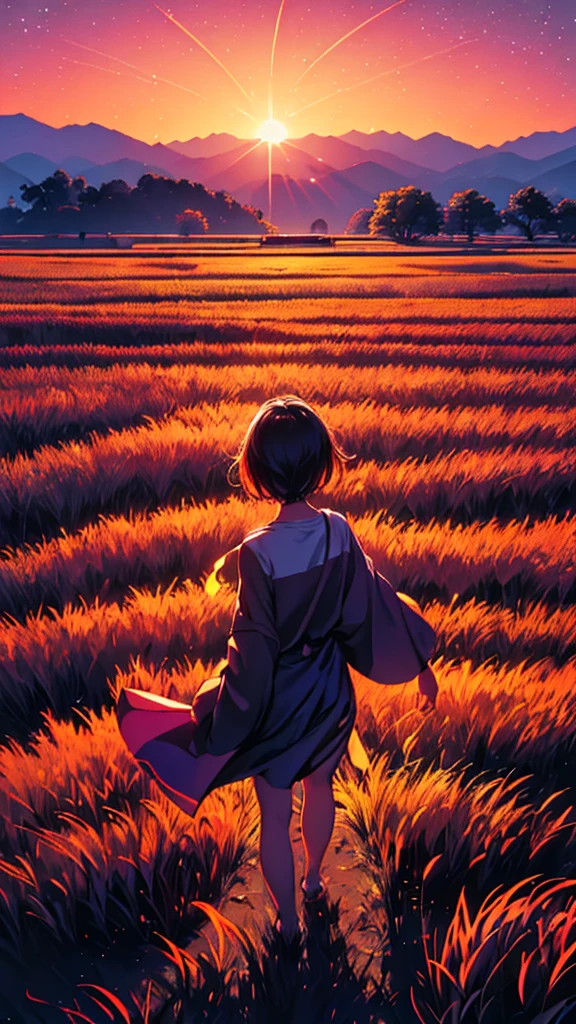 a serene rice field at dusk, a soft gradient of orange and purple sky, warm and nostalgic color temperature, cosmos lighting with twinkling stars, tranquil and dreamy, (best quality,4k,8k,highres,masterpiece:1.2),landscape,dreamy,peaceful,golden hour,dramatic lighting,intricate details,ethereal,magical,atmospheric