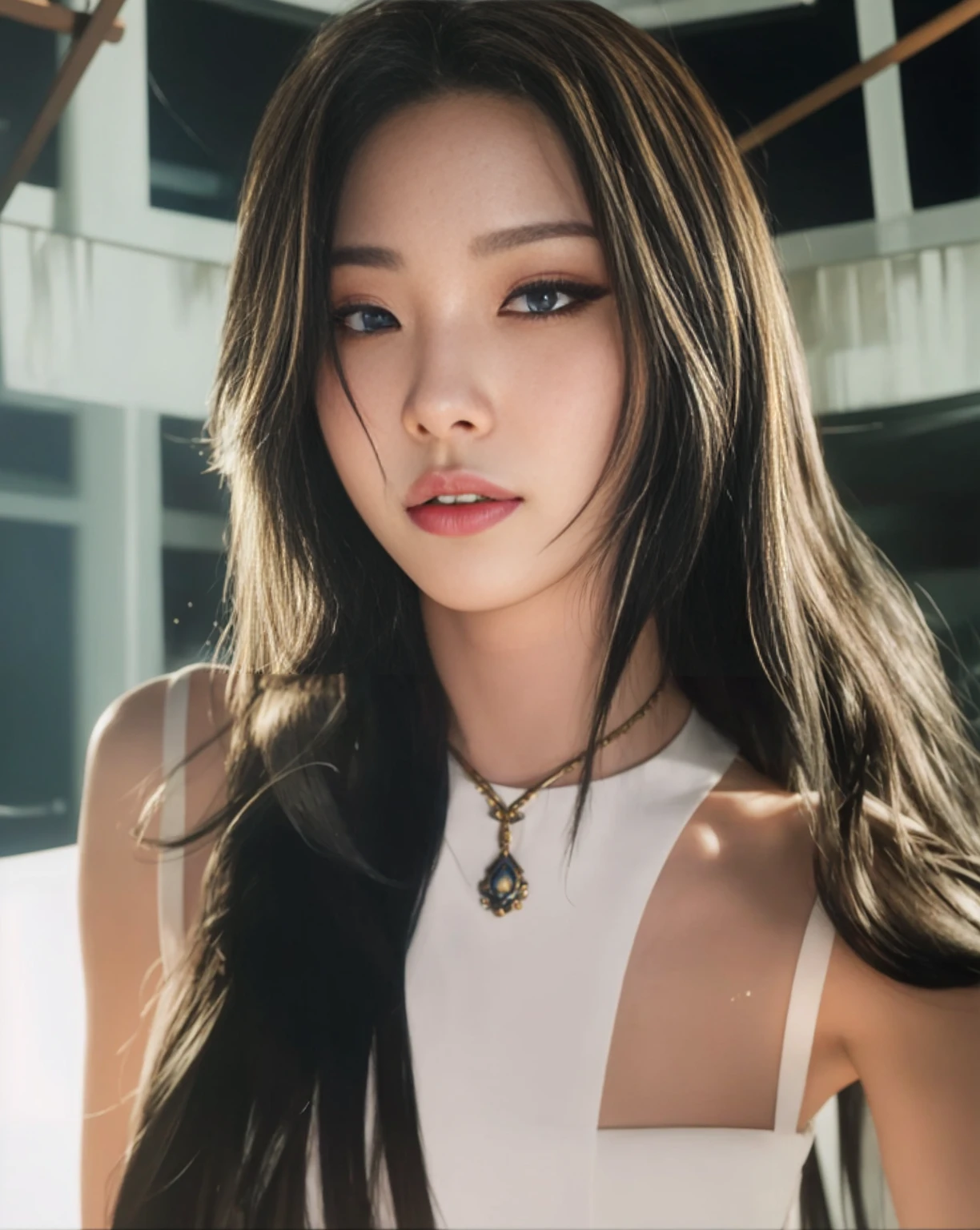 a beautiful young asian woman with long flowing blue hair, detailed facial features, intricate earrings, serene expression, elegant pose, photorealistic, highly detailed, 8k, hyperrealistic, studio lighting, vivid colors, warm color palette, beautiful skin, detailed fashion, south korean woman, miyeon gidle