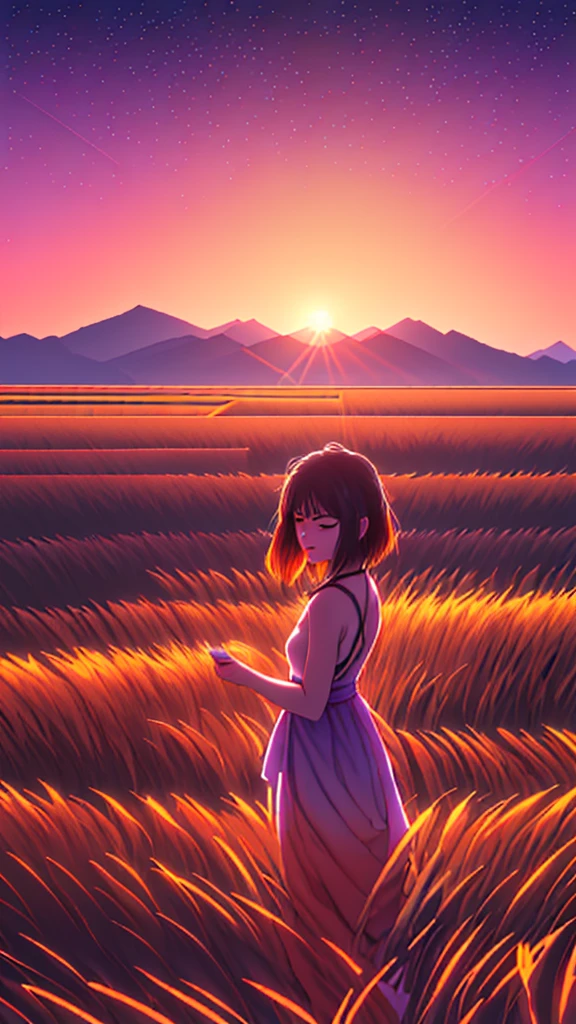 a serene rice field at dusk, a soft gradient of orange and purple sky, warm and nostalgic color temperature, cosmos lighting with twinkling stars, tranquil and dreamy, (best quality,4k,8k,highres,masterpiece:1.2),landscape,dreamy,peaceful,golden hour,dramatic lighting,intricate details,ethereal,magical,atmospheric