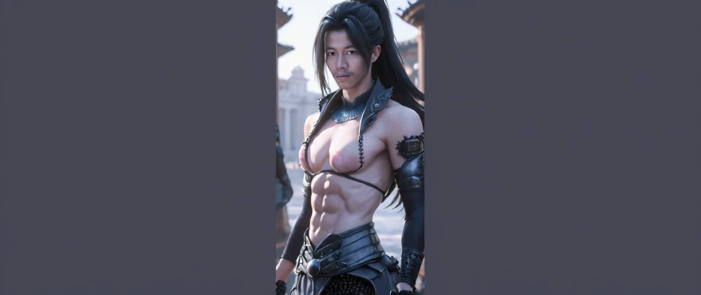 ((best quality)), detailed, large samurai, black hair, tall body, fair skin, ((fantastic pose)), ((flexing the body)), ((a hint of sensuality)), ((low lighting)).