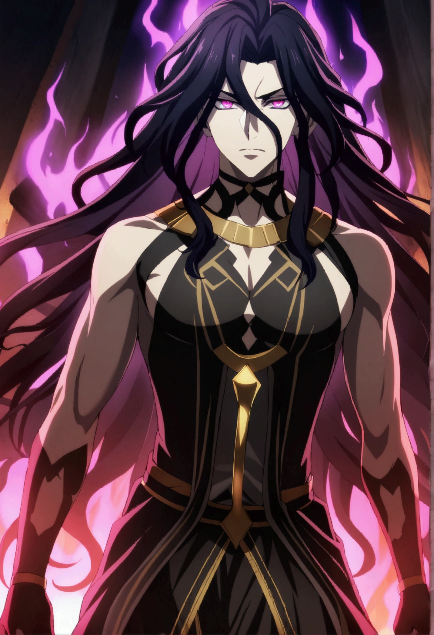 Young guy, crimson eyes, long dark purple hair, partially loose, in black tight-fitting clothes with lots of silver jewelry, fox ears and tail, sly smile
