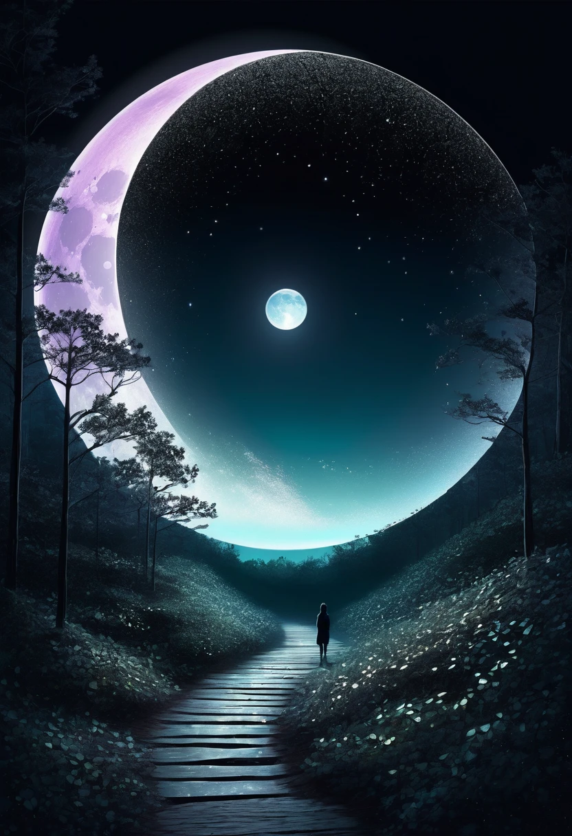 conceptual installation artwork, a single light from the full moon in pitch darkness, iridescent glittering effects, delicate and dynamic textures, contrasts of light and shadow, 2.5D, artistic photography, hyper realistic, digital graphic CG, ultra detailed, absolutely resolution, best quality