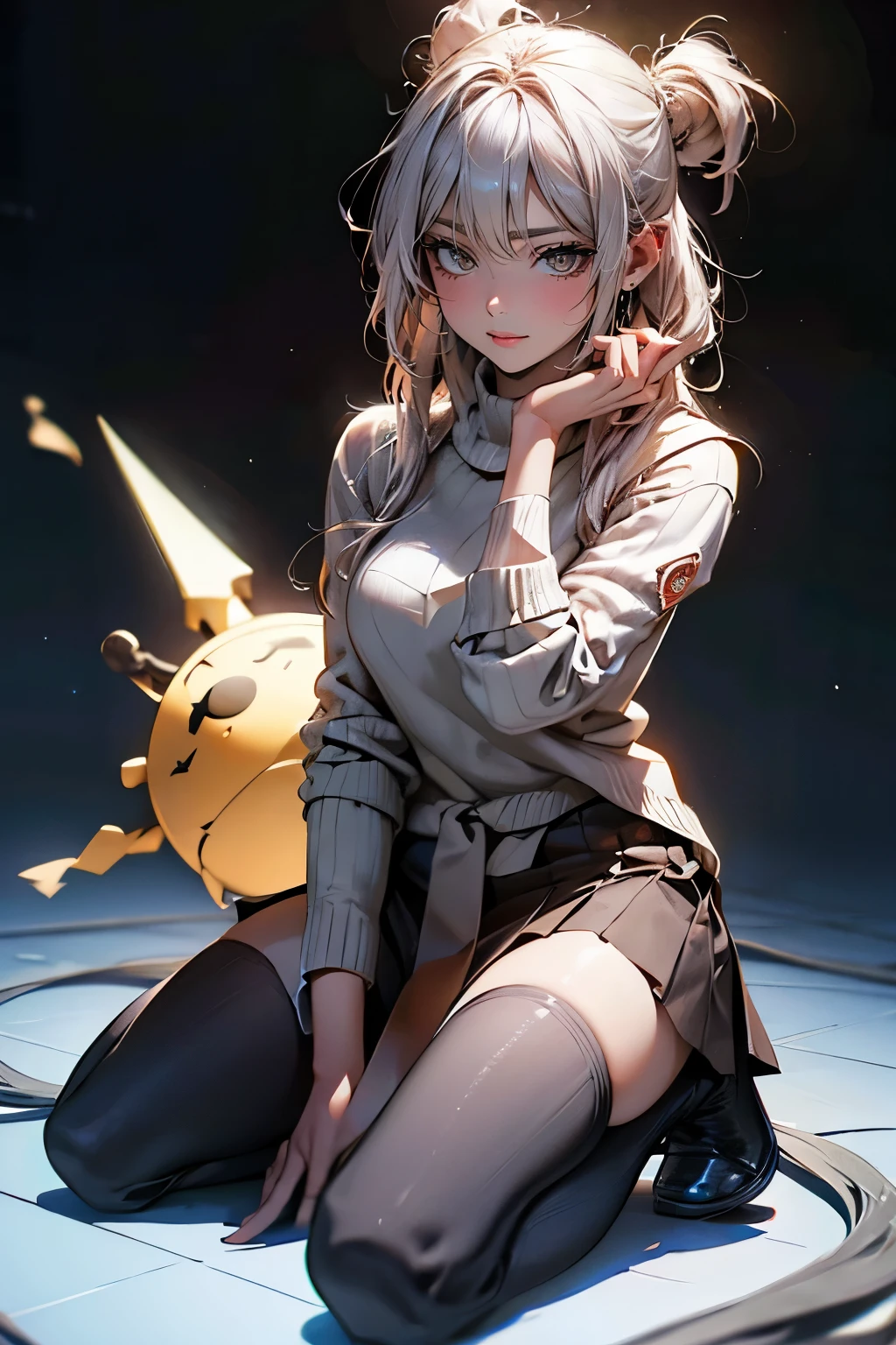 A female protagonist who transcends time and space,(【Random pose),(Random hairstyle),(Best image quality,(8k),Ultra-realistic,最high quality, high quality, High resolution, high quality texture,high detail,Beautiful details,Fine details,Highly detailed CG,Detailed Texture,Realistic facial expression,masterpiece,Sense of presence),[sweater,Tight mini skirt,stockings,Engineer Boots
