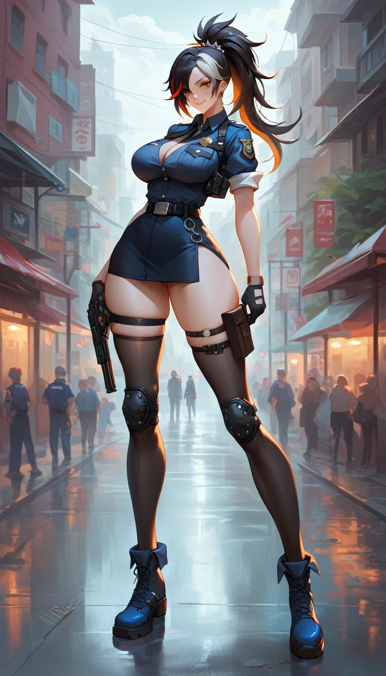 ultra-detailed, 1girl, zhu yuan, Zenless Zone Zero, (best quality), ((masterpiece)), (highres), 16K, orange eyes, perfect face, long hair, black hair, ponytail, streaked hair, wearing police uniform, wearing bootyshort, two-tone vest, thigh straps, knee pads, holster, black gloves, belt, black thighhighs, blue footwear, busty body, large breasts and a beautiful ass, showcasing cleavage, legs, hips, gun, holding gun, looking at viewer, smile, detailed full body, thigh details, city background