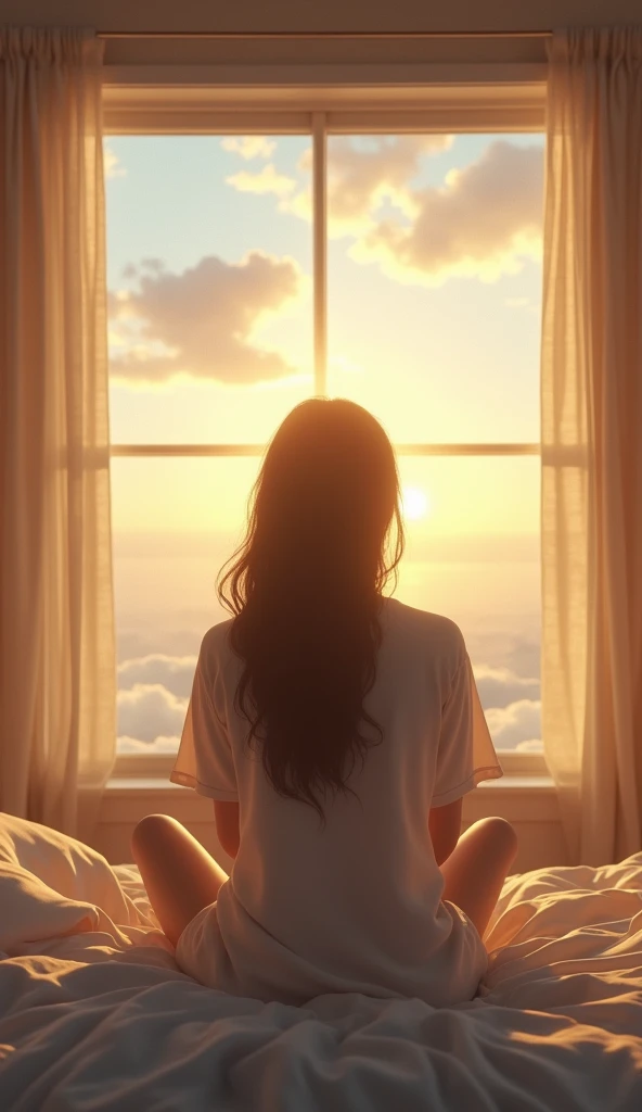 Make a room with a window facing the sun with a bed and a person looking at the sunset.  