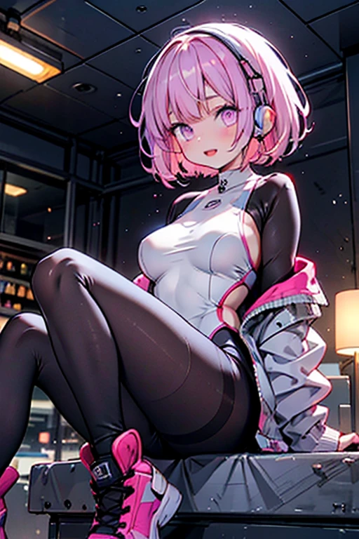 Nsfw, 1 female, purple short hair, skimpy outfit, black mini skirt, black long sleeve crop top, perfect face, perfect purple eyes, round face, ear piercings, hoop earrings, tongue out, mouth wide open, puckered lips, city rooftop, night time, neon lights, perfect large breasts, white thigh highs, really colourful background, extremely thick thighs, extremely phat ass, phattest ass in the world, sitting pose, front view, shiney skin, leaning forward, sultry face, high angle, hands between legs