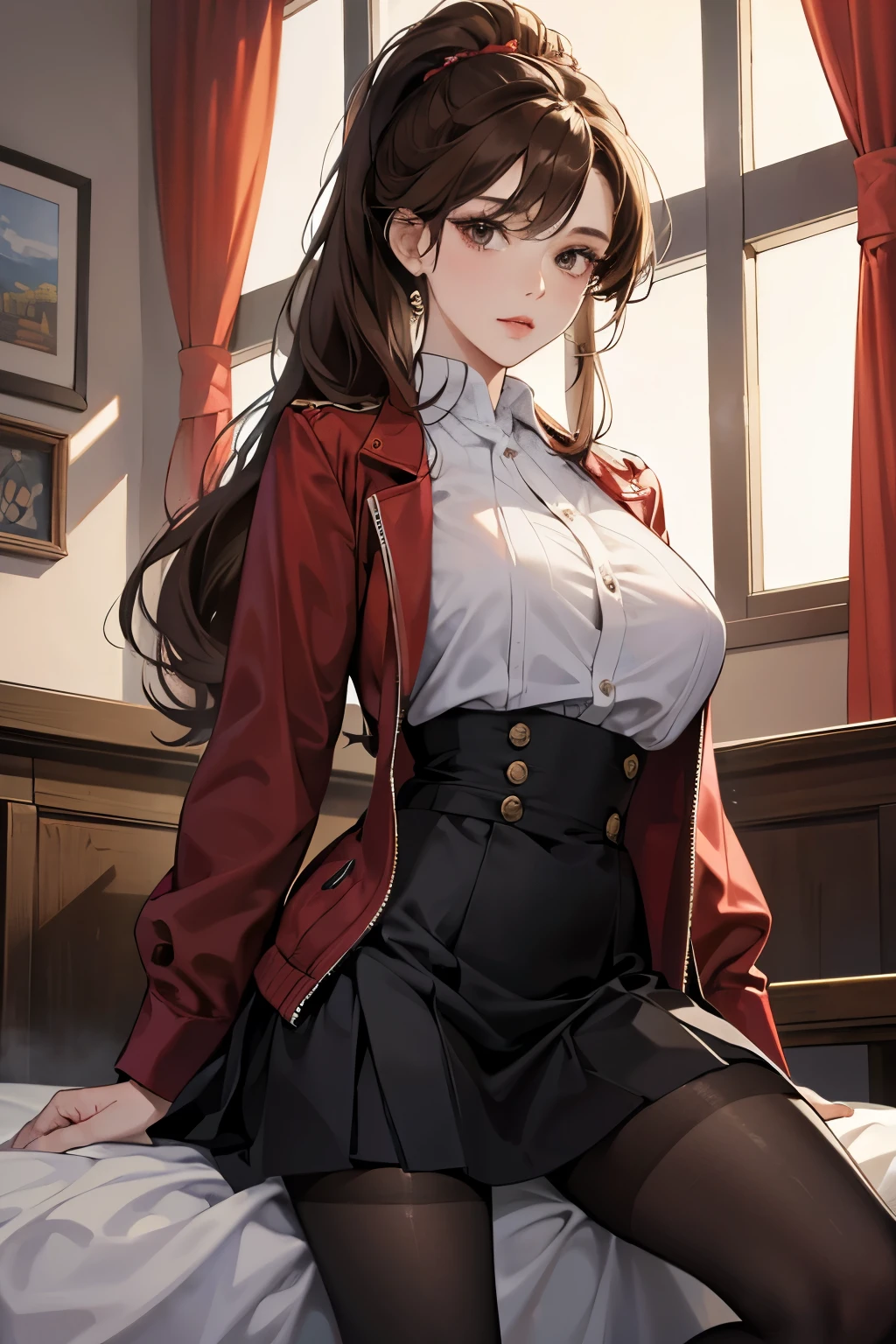 girl.., Wearing a pristine white dress shirt with a vibrant red tie, Paired with a sleek black skirt, Completing the ensemble with black long socks and black shiny shoes. Her long hair, seamlessly transitioning from straight to curls at the ends, Falls gracefully over her shoulders. The warm hue of her brown eyes is contrasted by her dark brown hair, adding a touch of sophistication to her youthful appearance.

ultra-detailed, Realistic, 4K, HDR, Studio lighting, Ultra-fine painting, Sharp focus, Physically-based rendering, Extreme detail description, Professional, Vivid colors, Boke