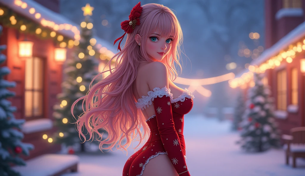 (pintura digital), (qualidade superior), 超A high resolution, Linda e sexy garota de Papai Noel vestindo uma linda fantasia de Papai Noel, Christmas decorations, chama ardente na lareira, luz de vela quente, A big Christmas tree and snow outside the window, 8K Ultra Real, Pastel color schemes,