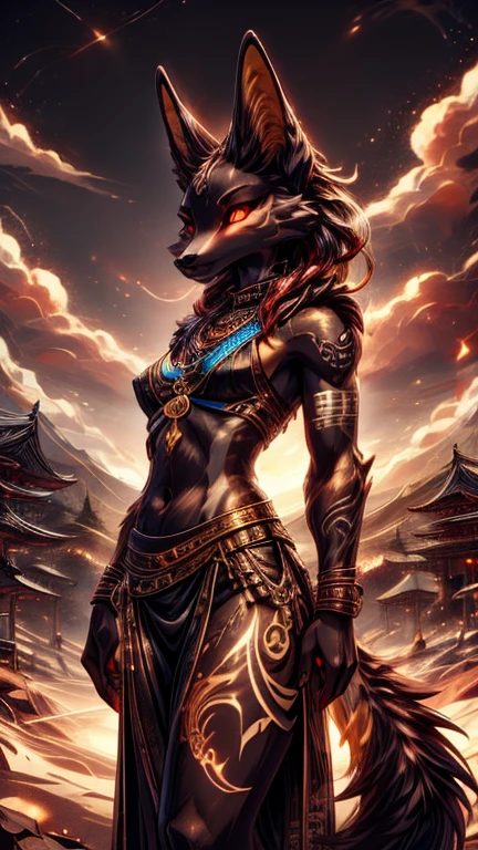 Masterpiece Best quality, the best definition to, two girl  add aesthetic and lighting details white girl jackal, egiptian clothes, teen girl, ,white body, japanese shrine landscape, golden tattoo body, sensual eyes, red pupil, glowing eyes, egyptian clothes