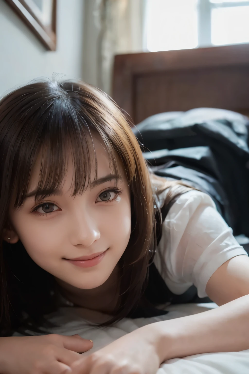 One girl, Casual T-shirts, short hair, 20-year-old Japanese, beautiful, cute face, pretty face, neat, smiling, 8-head body, height 165cm, weight 48kg, bust 83cm, waist 60cm, hips 82cm, (((selfie))), (((face focus))), (((from above))), ((face))