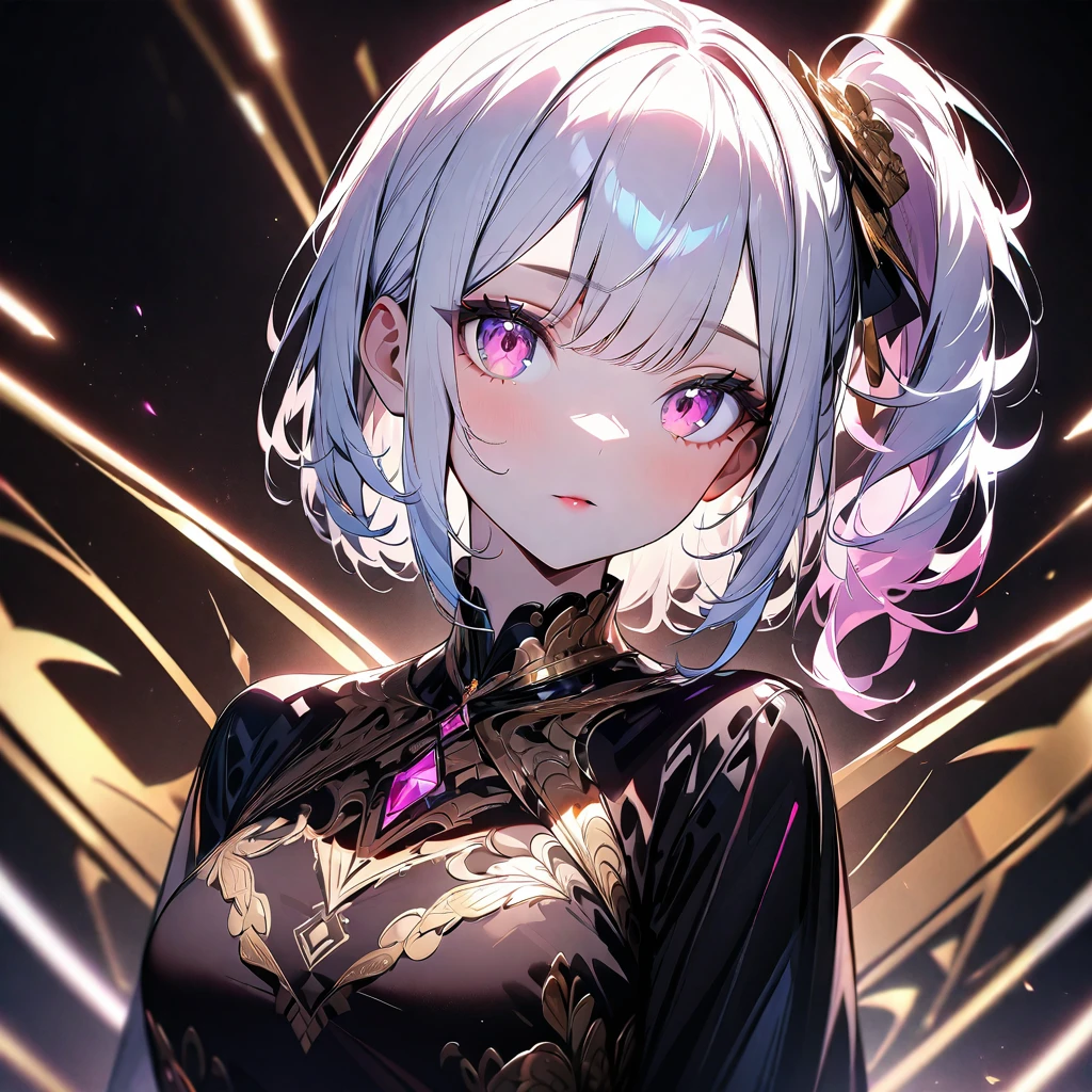 One girl. Ultra high definition. High detail. 4k resolution. White hair. Side ponytail. Pink eyes. Beautiful eyes. Black dress. Gold patterns on clothes. Looking towards you. Anatomically correct. Standing portrait.