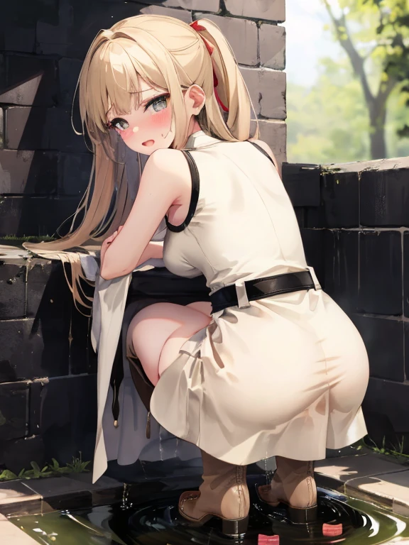 High resolution, Beautiful woman, Attention to detail, Good lighting, Obscene, conversion, ((white　Beige dress)), ((Leather thigh-high boots)), Skirt flip、Leather Handbags, Bare thighs,Exposing your back、 Exposing arms, (((Be incontinent))), (Pee), Pee染み, (puddle), Thick thighs, Nice long legs, lipstick, Detailed face, Cute face, Embarrassed and blushing face, Humiliated, ((In the open-air bath)), (Squat), (Rear View)、Imagine having a toy vibrator stuck in your vagina、Imagine opening your knees wide、white色液体が背中にかかる