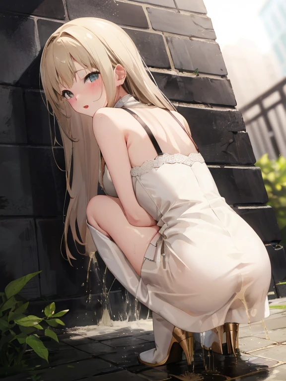 High resolution, Beautiful woman, Attention to detail, Good lighting, Obscene, conversion, ((white　Beige dress)), ((Leather thigh-high boots)), Skirt flip、Leather Handbags, Bare thighs,Exposing your back、 Exposing arms, (((Be incontinent))), (Pee), Pee染み, (puddle), Thick thighs, Nice long legs, lipstick, Detailed face, Cute face, Embarrassed and blushing face, Humiliated, ((In the open-air bath)), (Squat), (Rear View)、Imagine having a toy vibrator stuck in your vagina、Imagine opening your knees wide、white色液体が背中にかかる