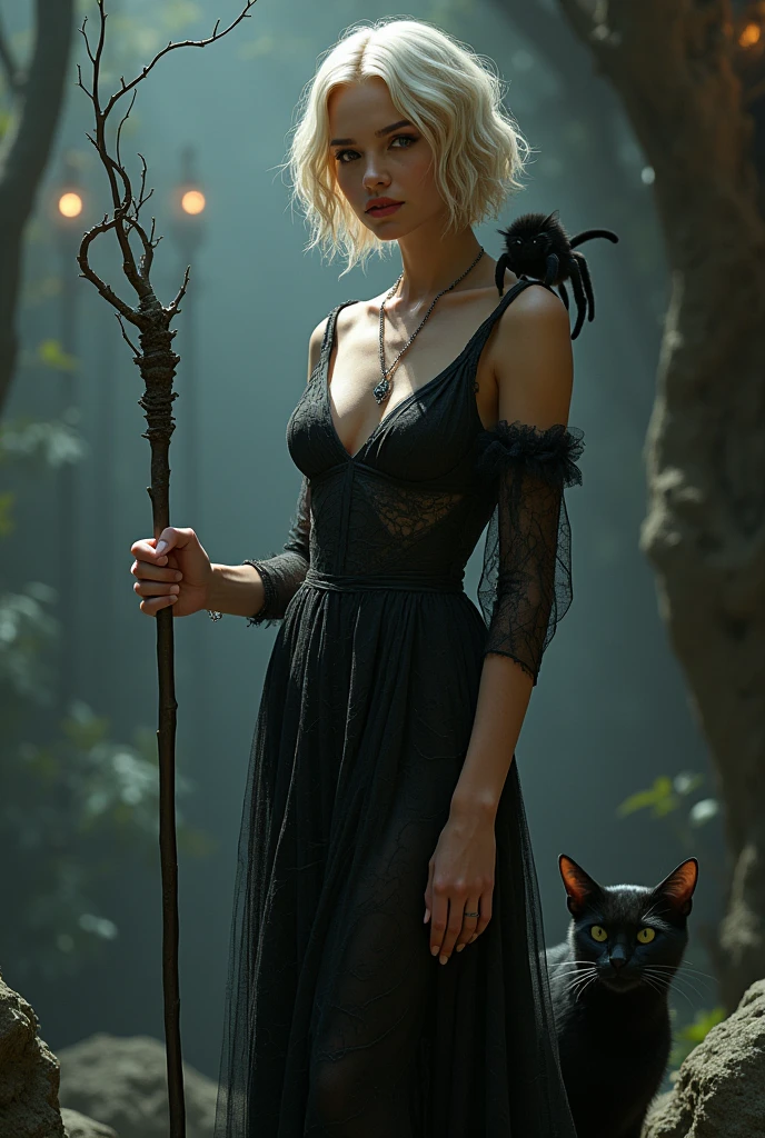 Blonde with short hair, witch, in dark fantasy, full height