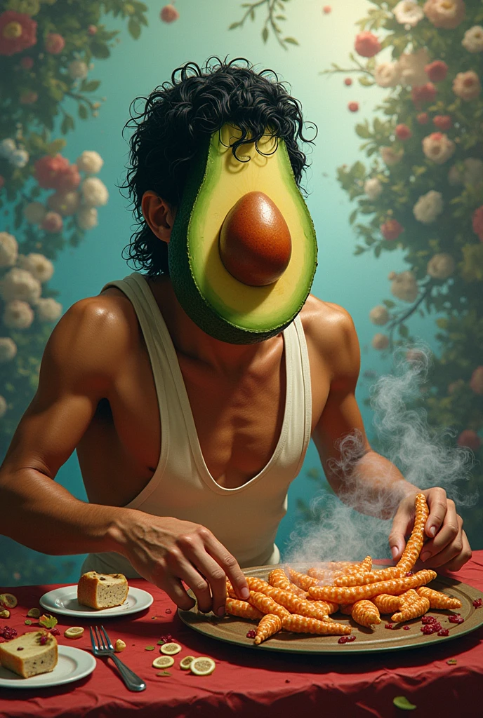 Avocado-faced man smoking weed
