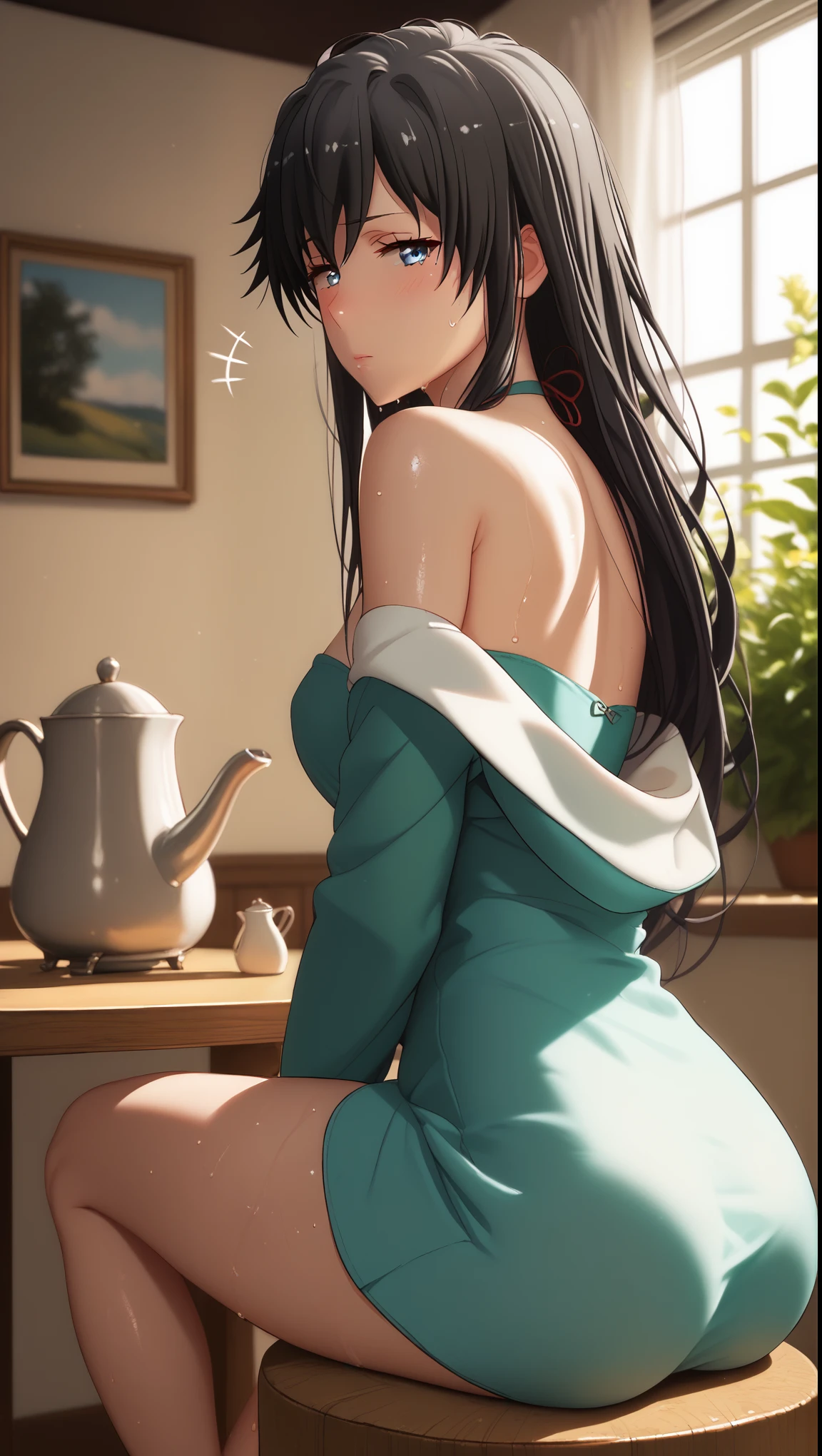 score_9, score_8_up, score_7_up, score_6_up, yukinoshita yukino, black hair, long hair, blue eyes, BREAK beautiful detailed eyes, beautiful detailed lips, extremely detailed face and portrait, elegant expression, soft warm lighting, volumetric lighting, cinematic composition, detailed environment, lush garden, vibrant colors, intricate details, masterpiece, high resolution, digital painting, excessive sweating, sweating profusely, sweating drop BREAK, 1girl, green dress, ass, sitting, solo, dress, breasts, short dress, table, looking at viewer, blush, indoors, off shoulder, medium breasts, thighs, off-shoulder dress, closed mouth, notice lines, bare shoulders, bottle, bare legs, kettle, looking back, long sleeves, see-through, stool, off-shoulder jacket, jacket, open clothes, from behind, gloomy expression, half-closed eyes, sweating profusely, excessive sweating, sweating drop,