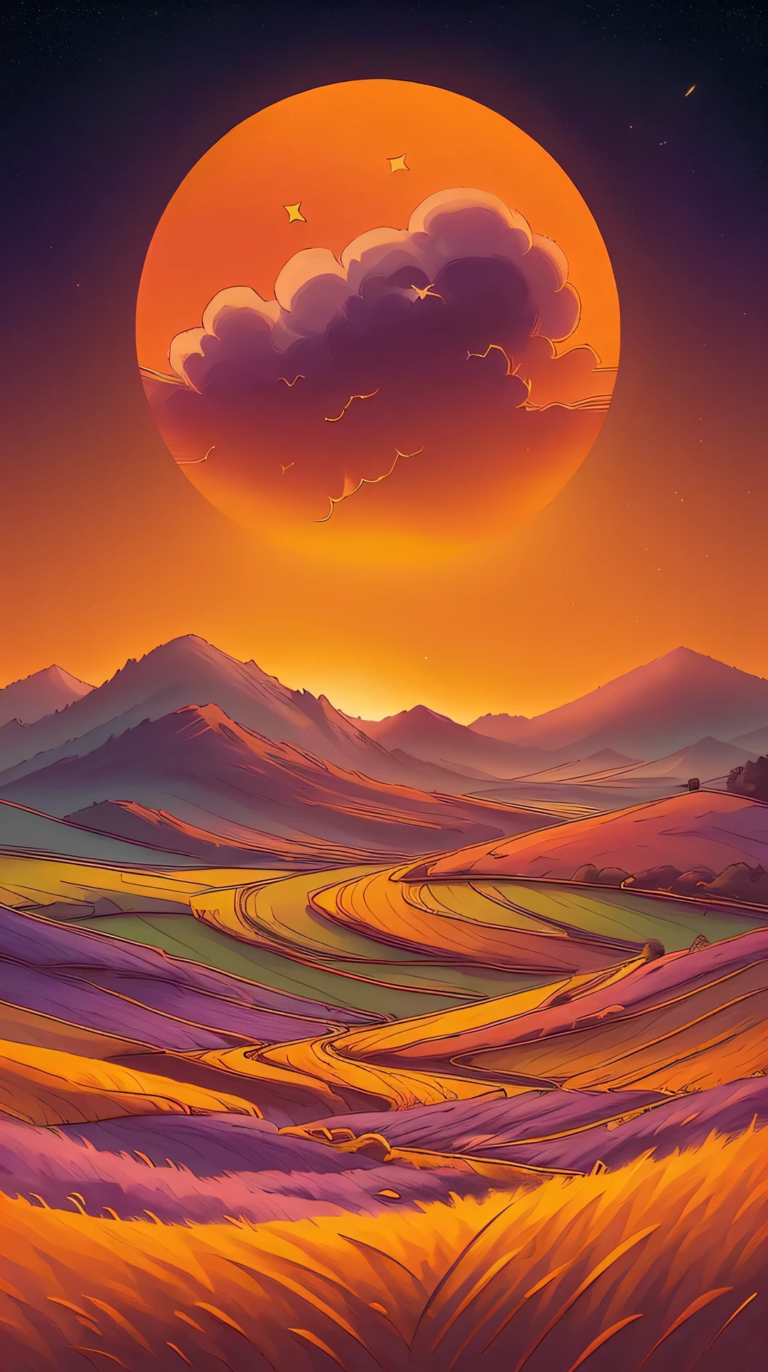 a serene rice field at dusk, a soft gradient of orange and purple sky, warm and nostalgic color temperature, cosmos lighting with twinkling stars, tranquil and dreamy, landscape, dreamy, peaceful, golden hour, dramatic lighting, intricate details, ethereal,magical, atmospheric