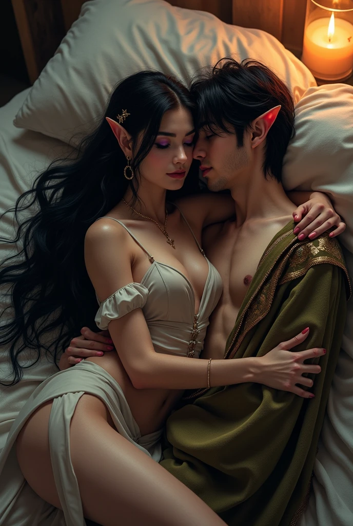 A beautiful European female sorceress, long black hair, medium breasts, perfect body, D&D aesthetic, (open high detail plunging revealing magical robe), (naked), high detail face, high detail skin, inside a wizard's tower, wreathed in magic, sitting on a lounge, 8k, HDR, high resolution, photo-realistic, cinematic lighting, depth of field, bokeh, rim lighting, backlit, cool colours, night, (2girls, cheek to cheek, kiss:1.2)