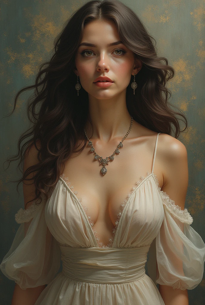 (masterpiece, best quality, ultra high res, beautiful detailed hair detailed face, perfect feminine face), a realistic detailed semirealism painting of a woman with a large breast wearing a white dress, guweiz, seductive anime girl, with a large breasts, artwork in the style of guweiz, beautiful alluring anime woman, with large breasts, guweiz masterpiece, hyperrealistic , big breasts, (huge cleavage:1.2), , sfw huge breasts, hyper realistic anime, really large bust, by alphonse mucha and william-adolphe bouguereau and greg rutkowski and sakimichan and george kamitani, WLOP, Aztodio, Taejune Kim, Pixiv, Instagram, Artstation, sharp focus