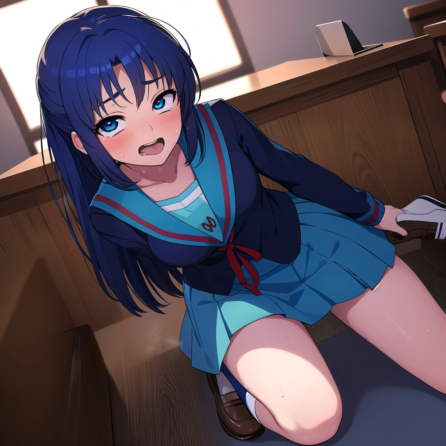 Ahegao,blush,Alone,Ryoko Asakura, The Melancholy of Haruhi Suzumiya,Sticking out tongue, ((sweat)),blue hair, blue eyes, long hair, blue sailor collar, blue skirt, brown footwear, collarbone, kita high school uniform, long sleeves, red ribbon, ribbon, sailor collar, school uniform, looking at viewer, indoors, classroom, best quality, high resolution, unity 8k wallpaper, (illustration:0.8), (beautiful detailed eyes:1.6), extremely detailed face, perfect lighting, extremely detailed CG, (perfect hands, perfect anatomy),