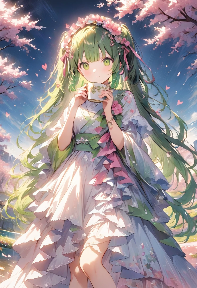 ((Best Quality))、((masterpiece))、(detailed)、8k、「anime『Demon slayer』Inspired by the heart motif of、Please portray Mitsuri Kanroji realistically and vividly.。The setting is、Her iconic pink and green hair is soft and flowing、Warmth、like、Kindness must be emphasized。Focus on her bright expression and vibrant energy.、柔らかい照明を使用して思いやりとlike情の感覚を高めます。Her outfit has intricate details、Subtly incorporate heart shapes into your design。In the background、In keeping with her personality、Enjoy the natural environment, such as cherry blossoms in full bloom and a calm sunset sky.、The entire scene can be rendered in soft shades of pink and green.。」、Conceptual Art、jpeg artifacts、First Person View、Nearby cats、Ultra-high resolution、Anatomically correct、Attention to detail、超detailed