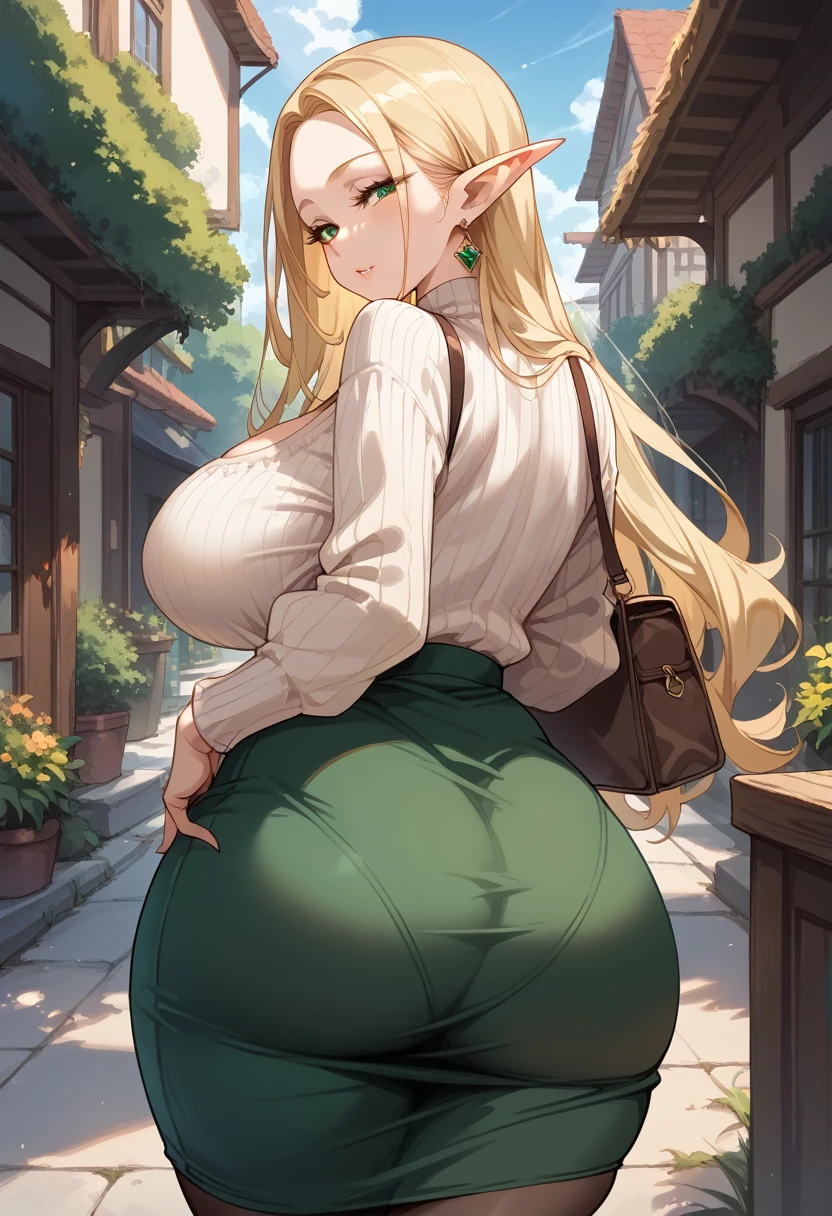 masterpiece,High resolution,Best Quality,8k
(Mature Woman,Adult ELF,Voluptuous figure,Super big breasts,Huge hip)
(Blonde Straight,open forehead,Green Eyes,Narrowed eyes)
(Brown draped skirt,White sweater,Shoulder Off,Cleavage)(Rear view,Show your back)