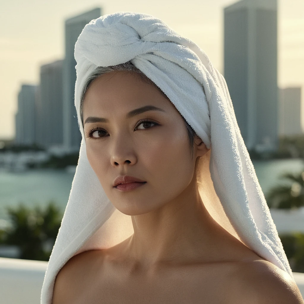 cinematic film still of bright light, bright, a middle age d sexy gray haired still very young looking Asian woma n wearing only a white towel on her head completely c overing her head and she is naked full view she is kissi ng a younger 2 men with short completely black hair i n the city of Miami High-key lighting Style, 1girl, solo, I ong hair,gray hair, elder, 50 years old, looking at viewe r, city of Miami background, city background, bare sho ulder s,white hair, lips,makeup, pal e skin realistic, whi te theme, shallow depth of field, vignette, highly detail ed, high budget, bokeh, cinemascop e, moody, epic, g orgeous, film grain, grainy