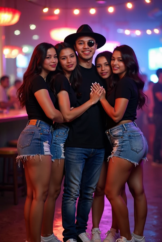 beautiful hispanic woman with no makeup, with two guy friends, at the nightclub, night time, wearing a dress, shallow-focus, 35mm, photorealistic, Canon EOS 5D Mark IV DSLR, f/5.6 aperture, 1/125 second shutter speed, ISO 100 --ar 2:3 --q 2 --v 4