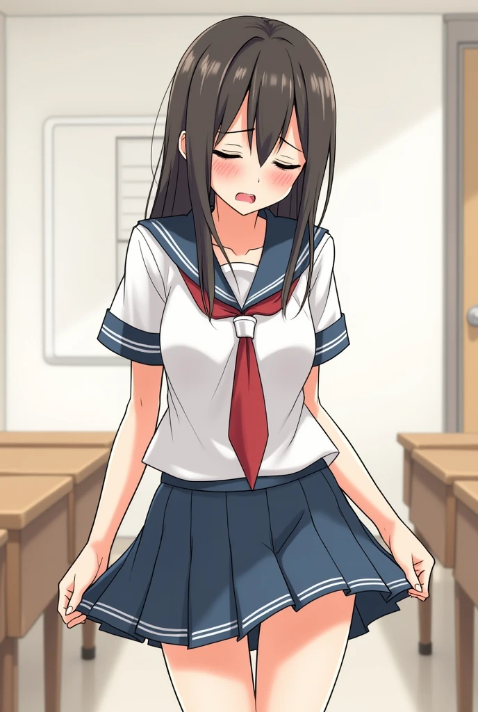 ((best quality)), ((masterpiece)), (detailed), cute girl,busty, on stool, bending over, arching back, perky small round ass, sucking man’s dick, side view fellatio, school girl, class room, sailor outfit, 