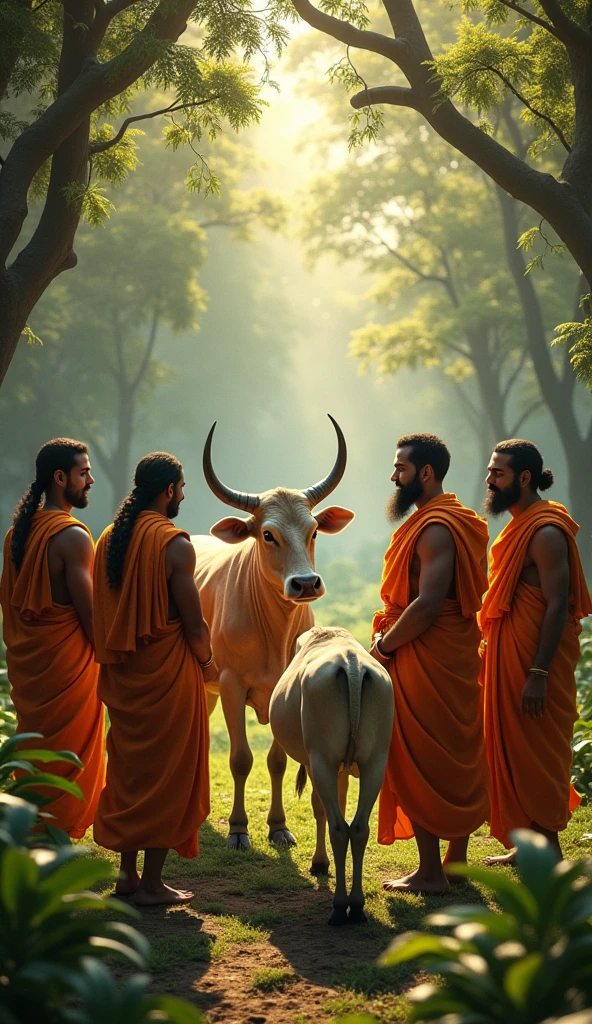 Brahmin man seating front of "agni kund" and some people holding a bull in front of them. One man holding a "big sward" for kill that bull. Generate image of sacrificial bull in hindu festival. And buddha goes to save that animal