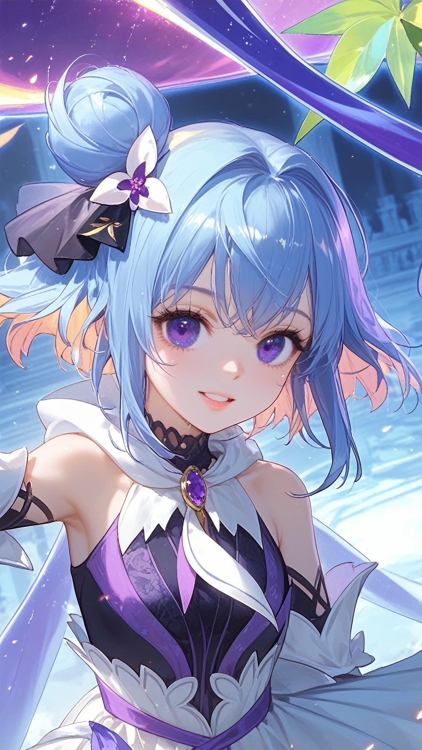 (muste piece), (best quality), (score_9, score_8_up, score_7_up), very detailed eyes, expressive eyes, perfect face, very detailed face, highly detailed face, beautiful girl, 8K, beautiful girl, white background, delicate and beautiful face and eyes, dark intense shadow, Ultra-high resolution, Movie Lighting, (Fuji Color: 1.2) portrait,
1 girl, vtuber style, cool girl, hololive, vtuber, Hoshimachi Suisei, blue hair, sharp eyes, small chest, collarbone, Smile, close mouth, (upper body), Looking at the audience, look back, night,