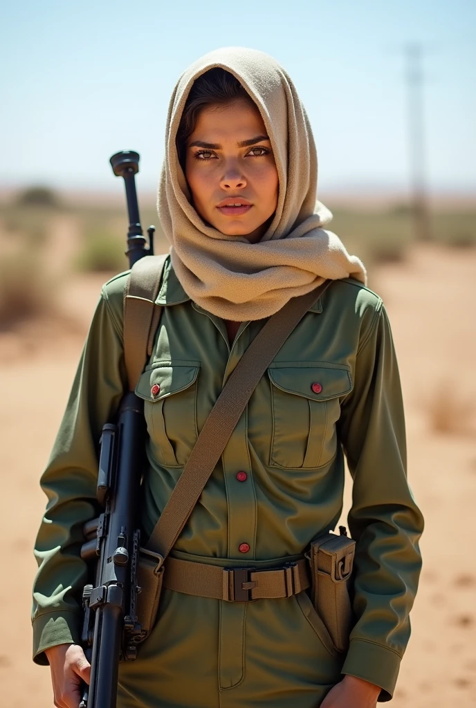 (best quality, master part, Melhor_qualidade, circunstanciado:1.5), Tigray Female Fighter (Ethiopia): Adorned in threadbare civilian clothes or military-style uniforms, wearing used scarf, patch of the Tigray People's Liberation Front, with black hair in a braided style and piercing green eyes in an epic Ethiopian landscape