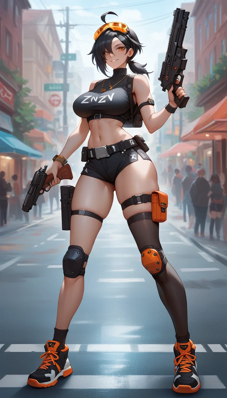 ultra-detailed, 1girl, grace, Zenless Zone Zero, (best quality), ((masterpiece)), (highres), 16K, orange eyes, perfect face, short hair, black hair, low ponytail, ahoge, goggles on head, wearing black crop top, wearing bootyshort, black thighhighs, thigh straps, knee pads, holster, asymmetrical gloves, belt, sports shoes, busty body, large breasts and a beautiful ass, showcasing cleavage, legs, hips, gun, holding gun, looking at viewer, smile, detailed full body, thigh details, street background