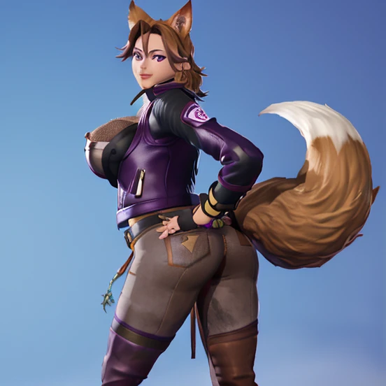 Terra Ferral:*female kitsune brown hair and purple eyes, fox ears and tail, huge breasts and thicc thighs nice curves and huge ass,grey tight pants, leather jacket,no shirt, bandages replacement for my brawl* 