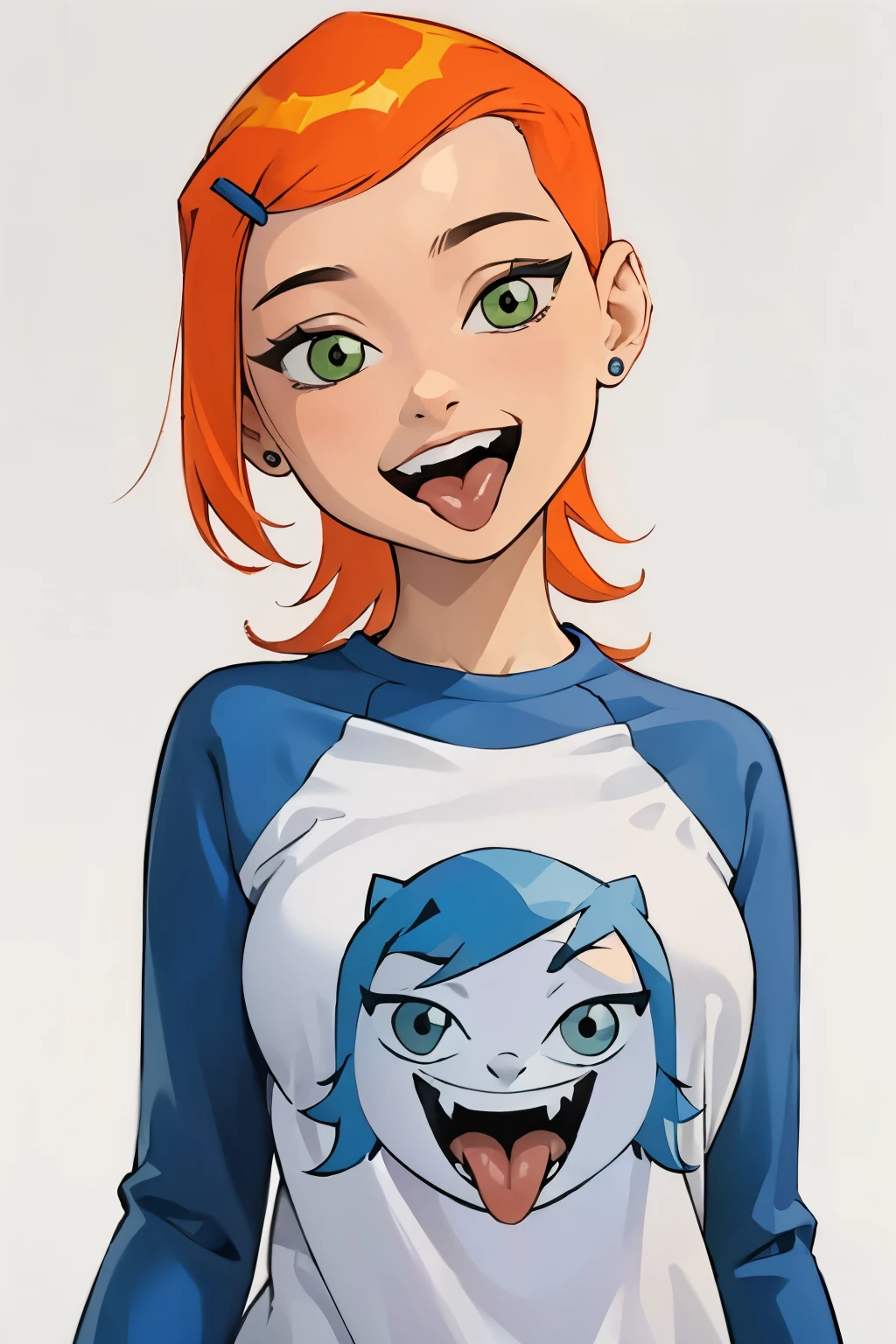 (work of art, best quality), 1 , pretty face, Gwendolyn_Tennyson, breasts, (1 , Alone:1.3),, blank background,, not, medium plan, upper body, detailed face,smile, open mouth, long sleeves, mangas raglan, ,multicolored shirt, tongue out, graphic shirt, 