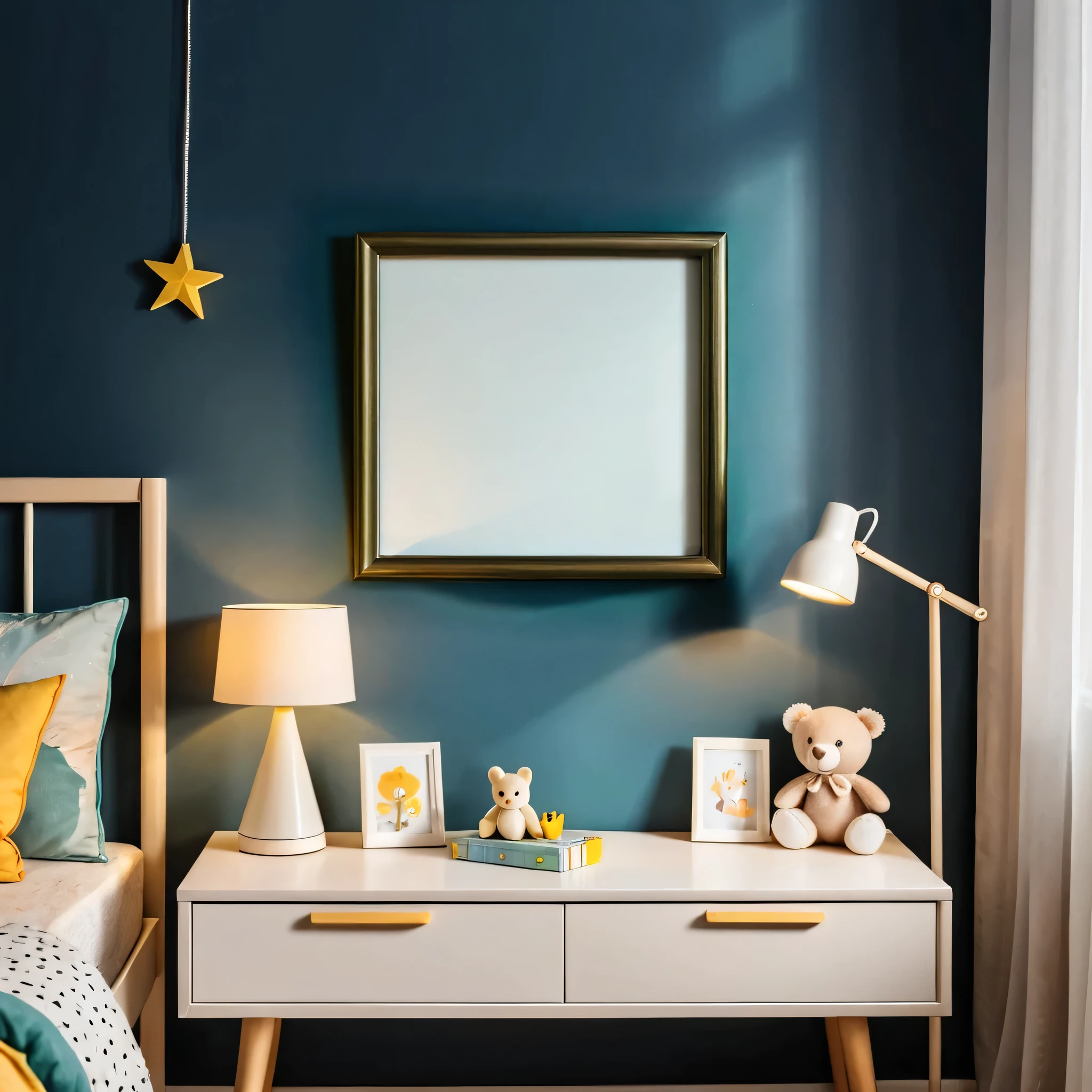 a photo inside of childrens room, a picture in a round frame on a nightstand, natural light